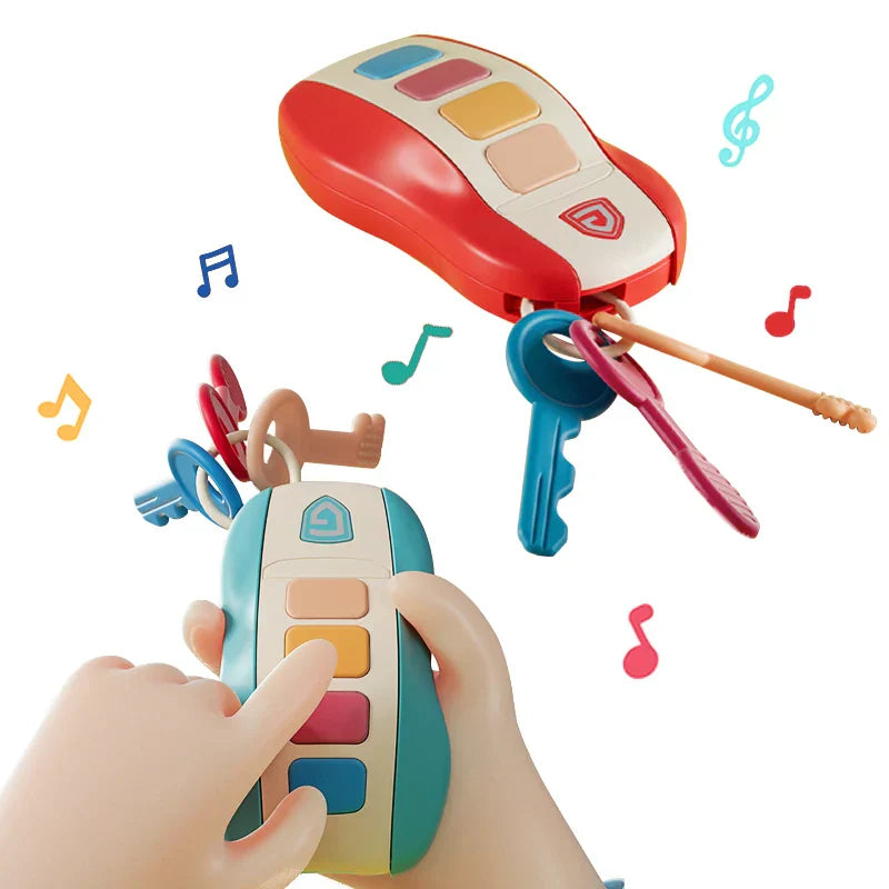A colorful baby toys musical car key vocal remote with red and teal body and multiple buttons for pretend play educational use