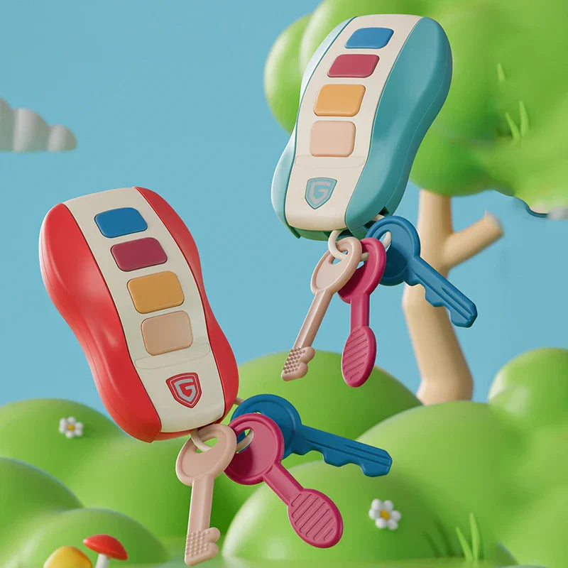 Two colorful plastic baby toys musical car key vocal fobs in red white and blue cream for pretend play educational use