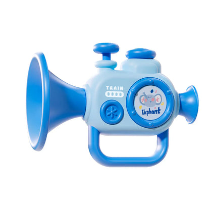 Blue plastic baby trumpet toy with elephant design button and train text to play musical instruments early education