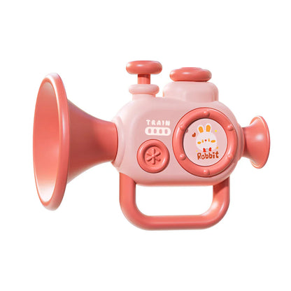Pink plastic baby trumpet toy with cute rabbit design and train buttons to play musical instruments early education