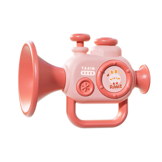 Pink plastic baby trumpet toy with cute rabbit design and train buttons to play musical instruments early education