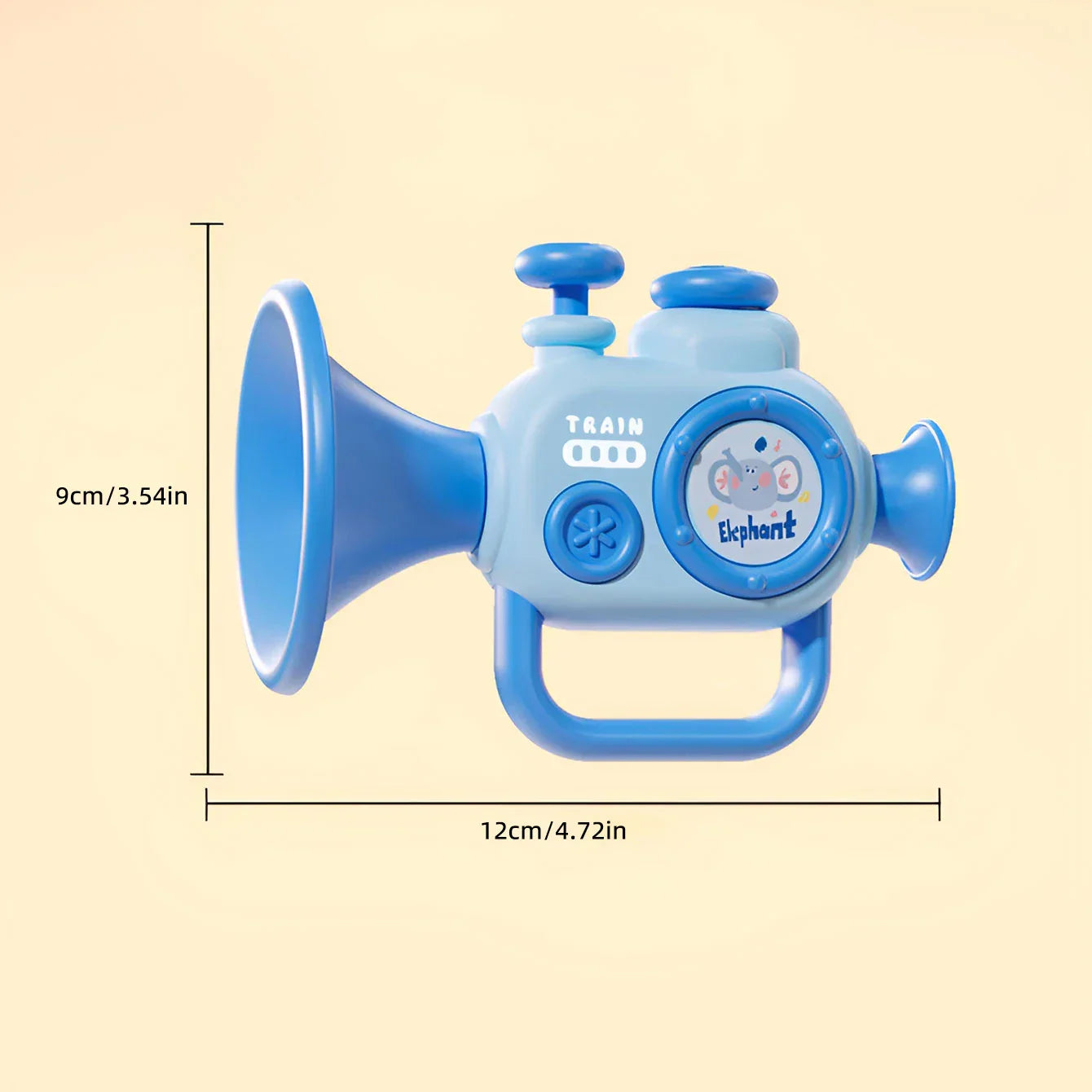 Blue plastic baby trumpet toy with elephant illustration designed to play musical instruments for instruments early education