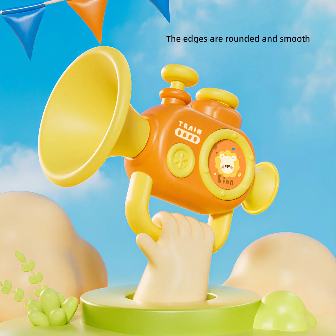 Bright orange and yellow plastic baby trumpet toy with lion face design to play musical instruments for early education