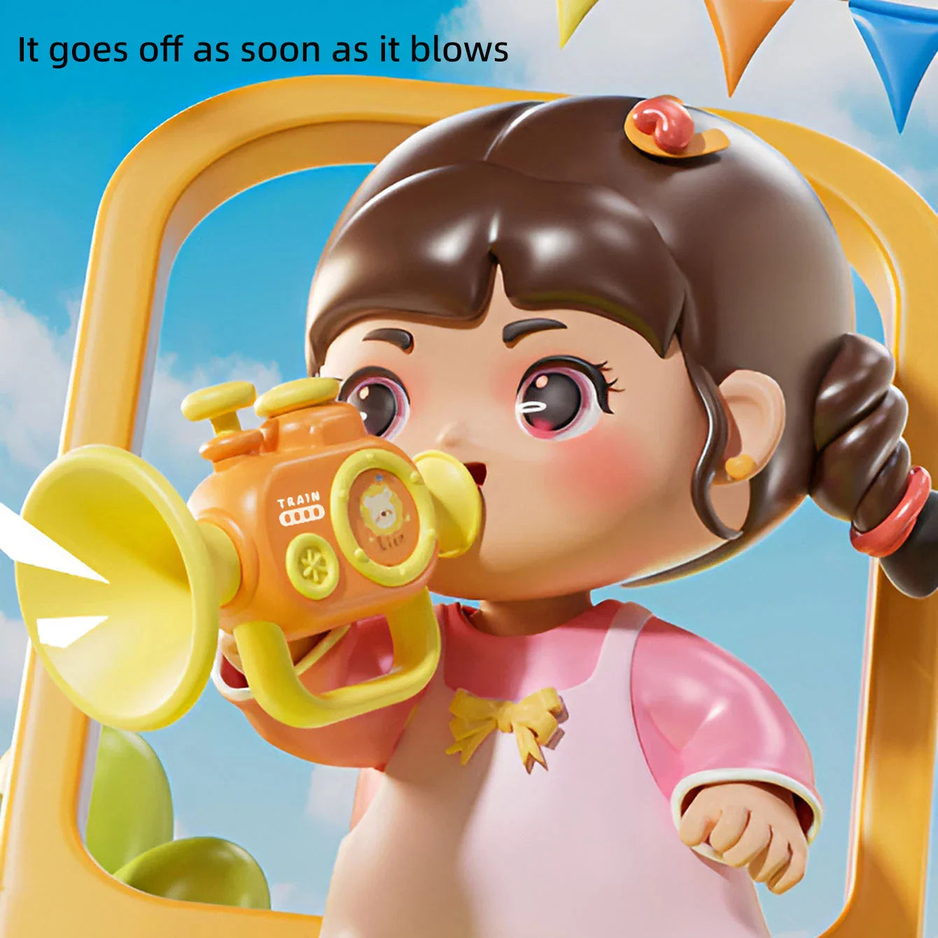 A bright orange and yellow baby trumpet toy with train design to play musical instruments for early education