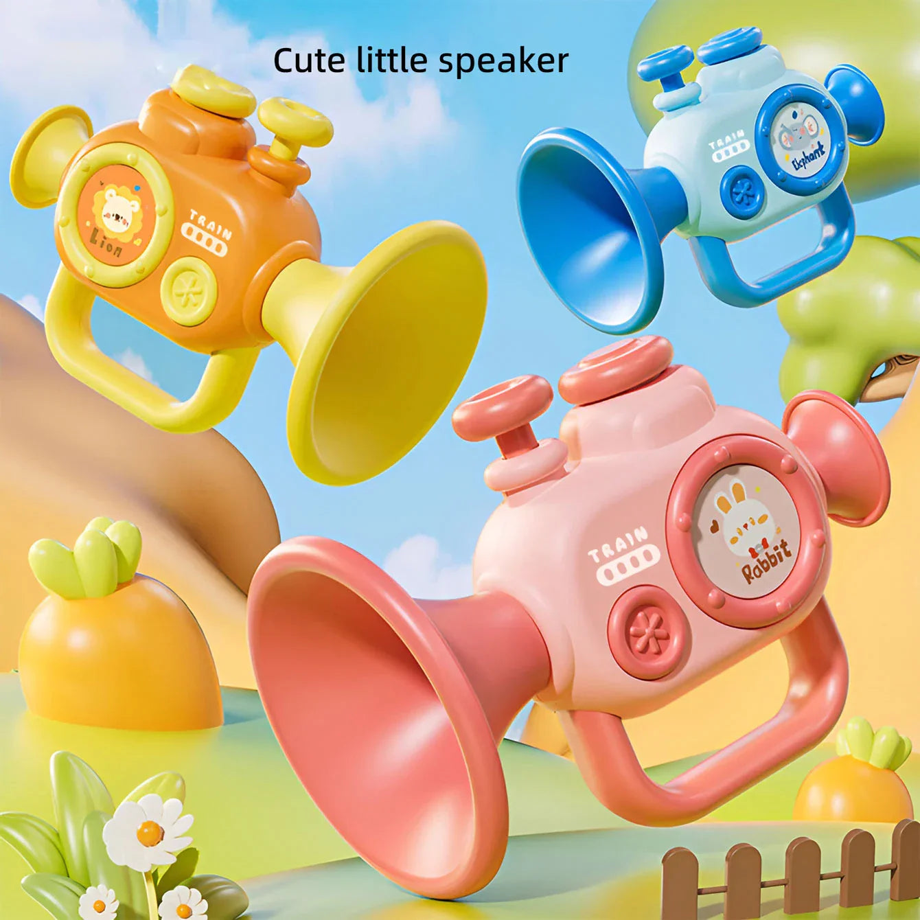 Cute baby trumpet toys in orange blue and pink plastic with cartoon faces that play musical instruments for early education