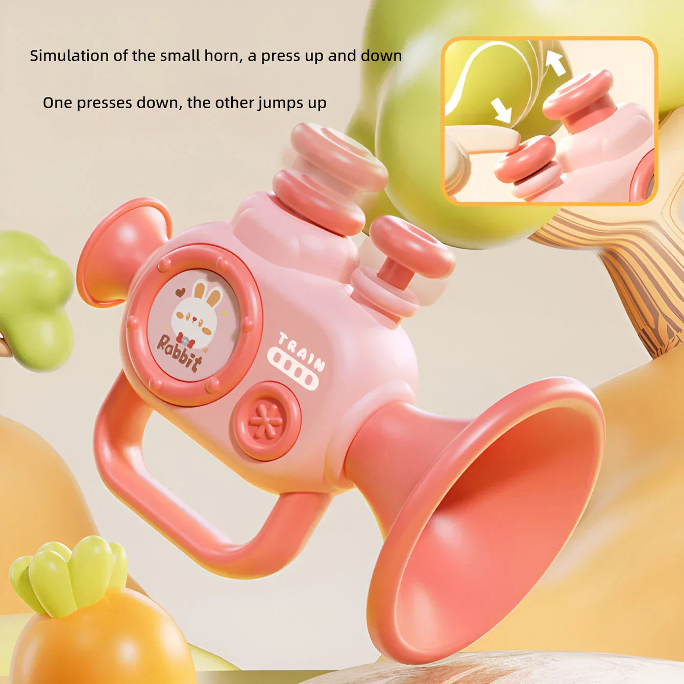Pink plastic baby trumpet toy with bunny face design and train text to play musical instruments early education