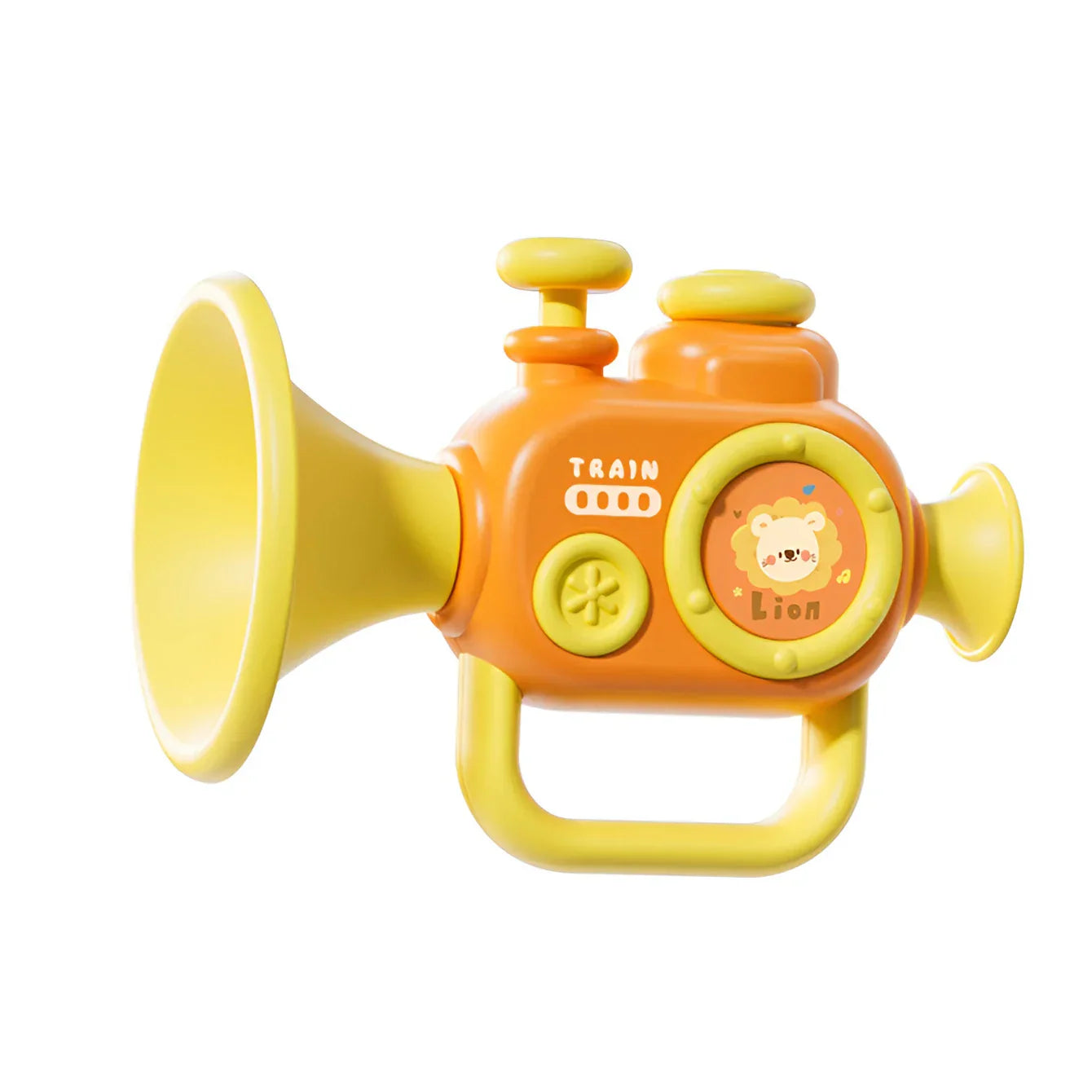 Bright orange and yellow plastic baby trumpet toy with lion face design to play musical instruments for instruments early education