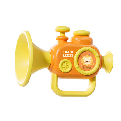 Bright orange and yellow plastic baby trumpet toy with lion face design to play musical instruments for instruments early education