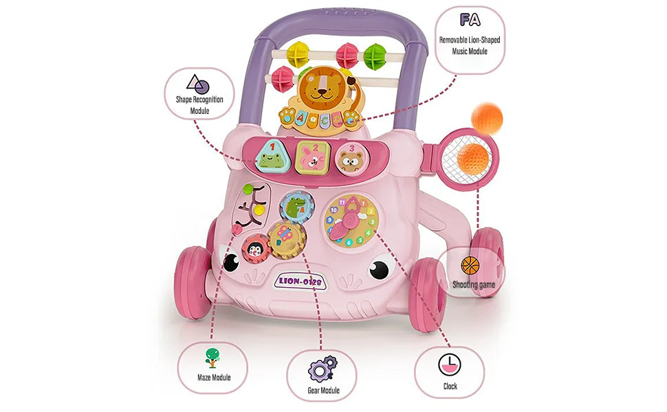 Pink children’s learning baby walking toy with purple handle and colorful interactive music slide walking aid modules