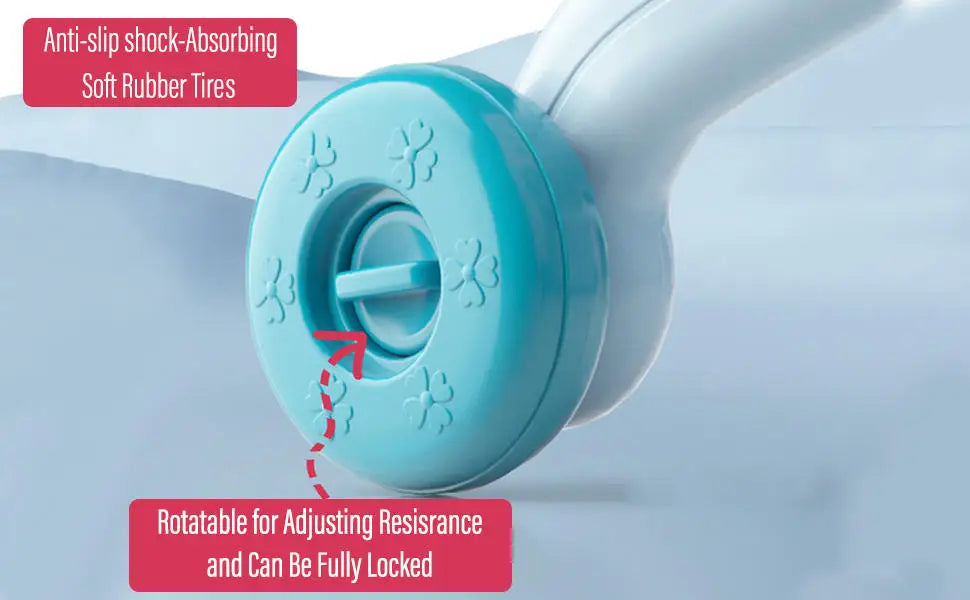 Light blue circular grip with soft rubber tires and floral embossing for adjustable resistance on baby walking toy walking aid