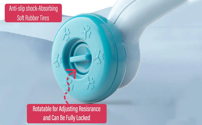 Light blue circular grip with soft rubber tires and floral embossing for adjustable resistance on baby walking toy walking aid