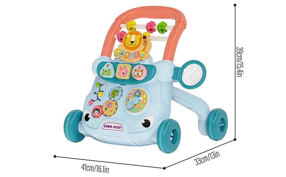 Light blue and coral baby walking toy with music slide, lion face, colorful buttons, and teal wheels walking aid