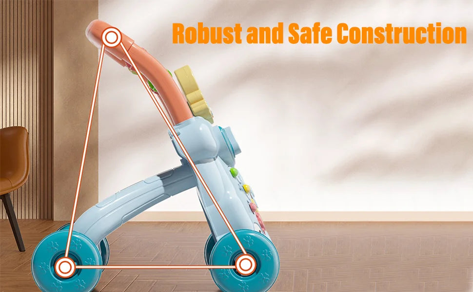 Light blue and orange baby walking toy with colorful buttons, sturdy wheels, and handle for safe walking aid use