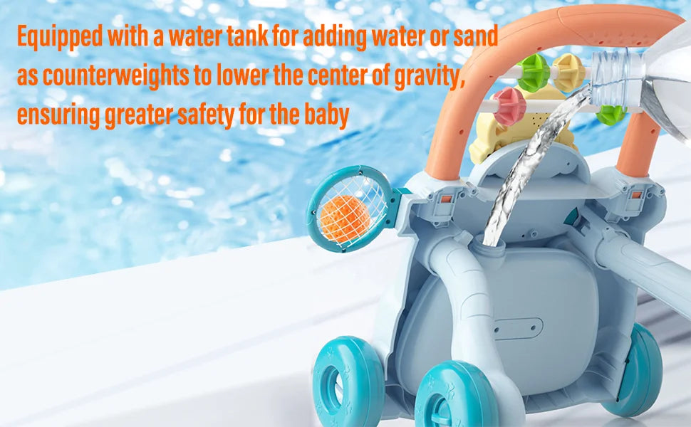 Light blue and orange baby walking toy with water tank colorful toys teal wheels and music slide walking aid features