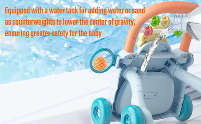 Light blue and orange baby walking toy with water tank colorful toys teal wheels and music slide walking aid features