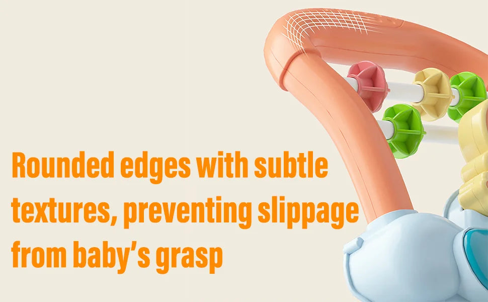 Pastel peach baby walking toy featuring colorful textured beads as a multi-functional music slide baby walking aid