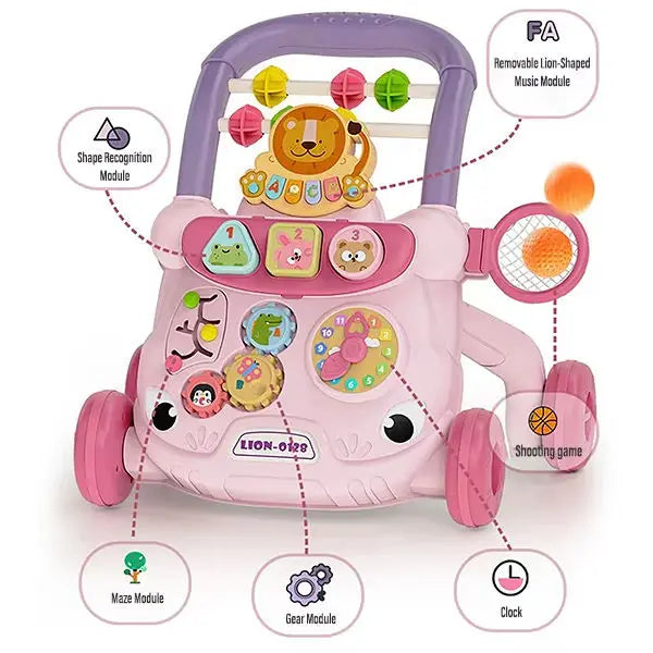 Pink plastic baby walking toy with purple handle lion music slide baby and multi-functional anti-rollover walking aid
