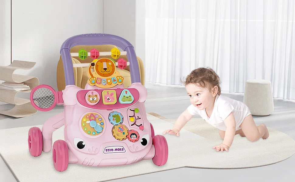 Pink and purple baby walking toy with colorful buttons and animal-themed music slide baby walking aid features