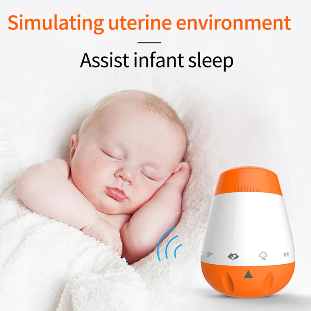 Orange and white baby white noise sleep aid device with rounded design and three control buttons for bad sleep helper and voice sensor infants