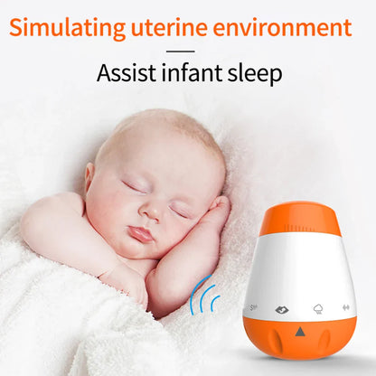 Orange and white baby white noise sleep aid device with rounded design and three control buttons for bad sleep helper and voice sensor infants
