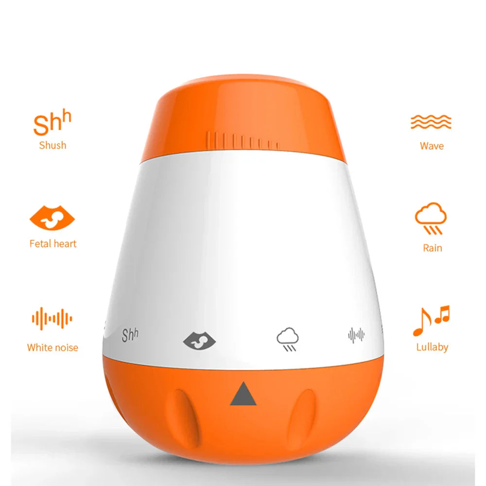 Orange and white baby white noise machine with voice sensor infants bad sleep helper and tactile sound selection buttons
