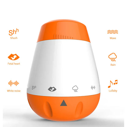 Orange and white baby white noise machine with voice sensor infants bad sleep helper and tactile sound selection buttons