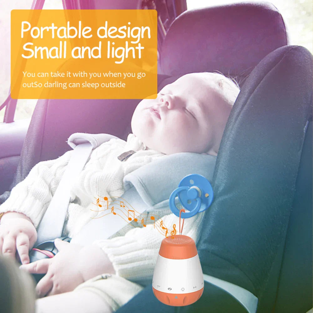 Orange and white portable baby white noise speaker with blue pacifier top voice sensor infants bad sleep helper device