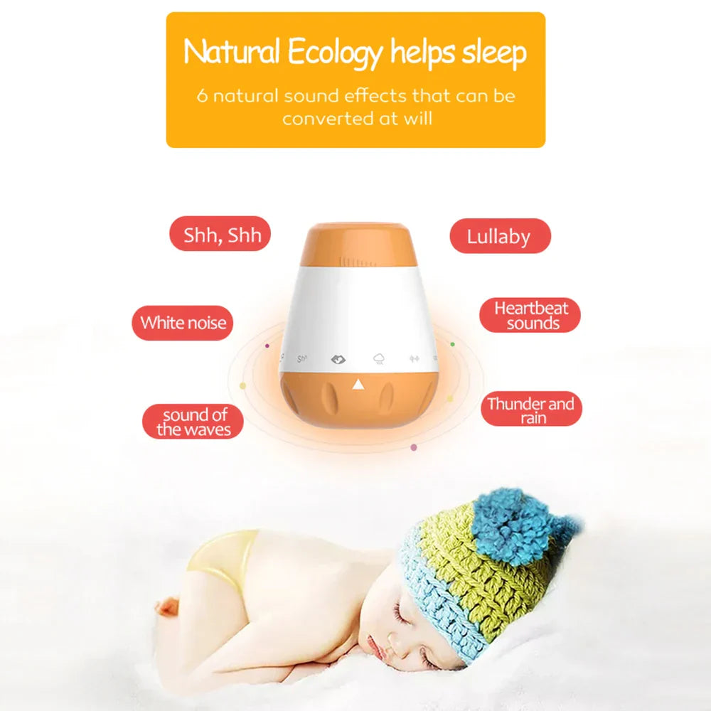 A sleek two-toned orange and white baby white noise machine with voice sensor infants feature for bad sleep helper therapy