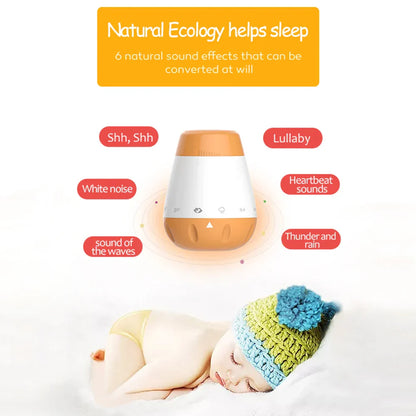 A sleek two-toned orange and white baby white noise machine with voice sensor infants feature for bad sleep helper therapy