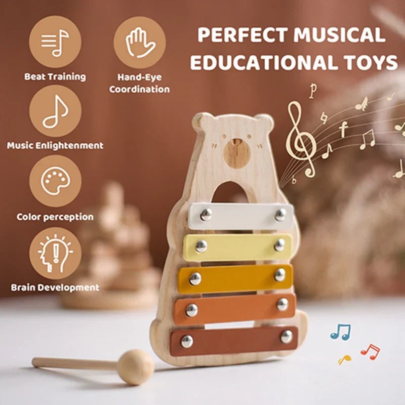 Wooden baby percussion bear-shaped xylophone with colorful bars and silver pegs for musical early education