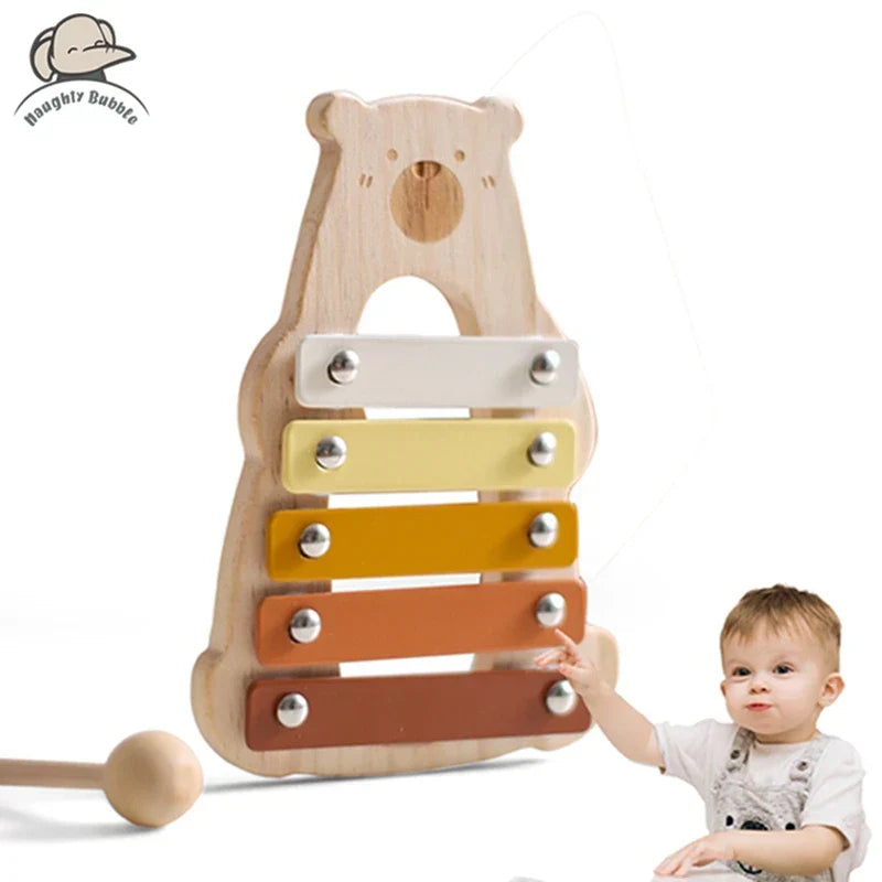 Wooden bear-shaped baby percussion music toy with five colorful bars for musical early education and newborn gift