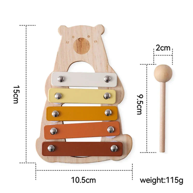 Wooden baby percussion music toy shaped like a bear with colorful graduated-tone bars for musical early education