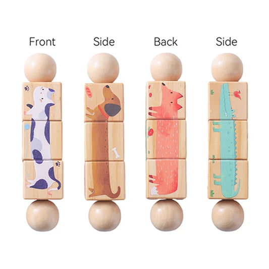 Wooden stacking toy with dalmatian dachshund pink dog and crocodile figures for baby wooden rotating puzzle hand bell musical rattle toy