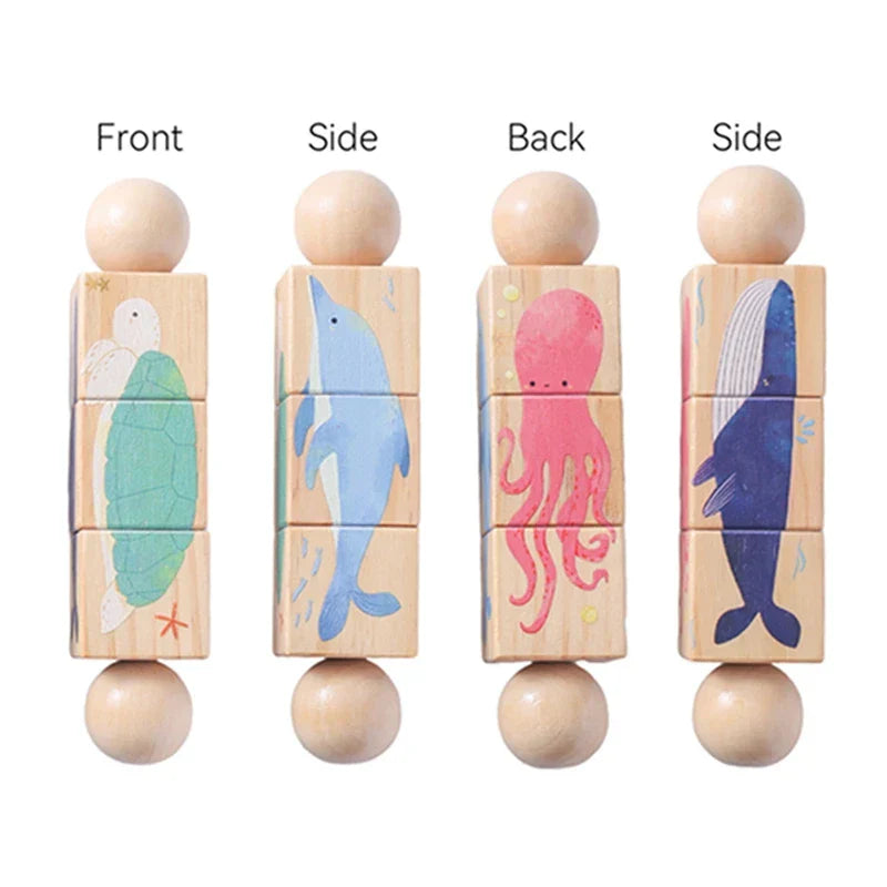 Baby wooden rotating puzzle hand bell toy with painted ocean animals musical rattle toy for babies gift