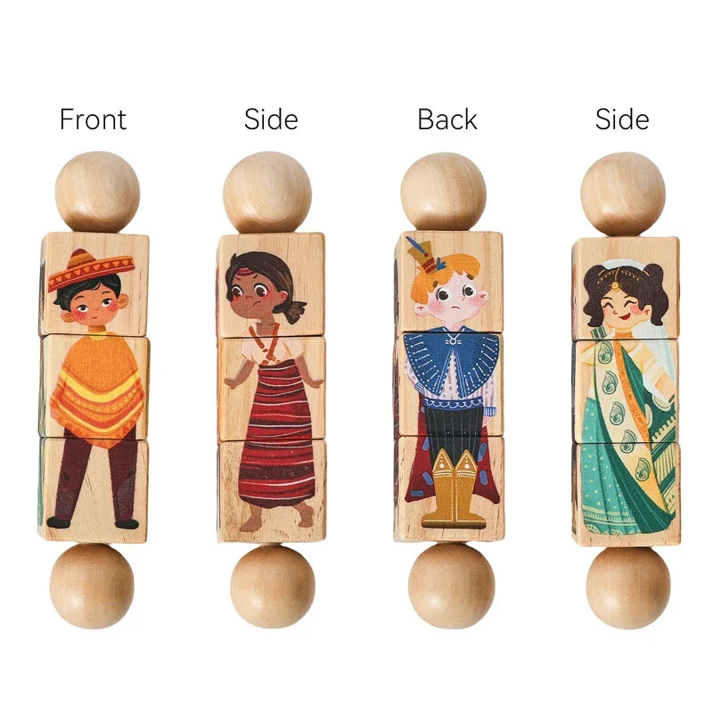 Wooden stacking baby wooden rotating puzzle hand bell toy with painted diverse cultural characters and musical rattle features