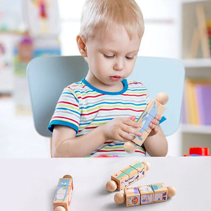 Baby wooden rotating puzzle hand bell toy with colorful animal illustrations and round wooden ends for infant play