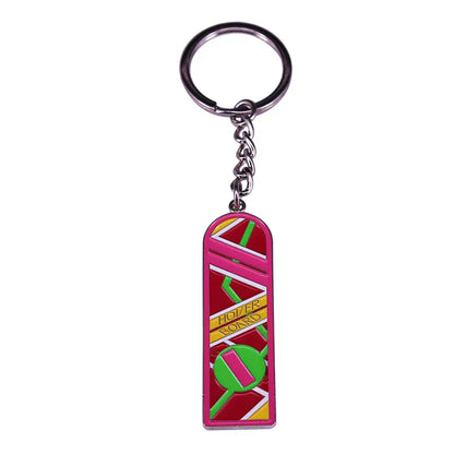 Pink and green enamel-coated metal marty mcfly hoverboard keychain with hover board text fun accessory for fans