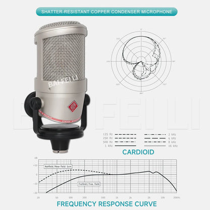 Silver metallic shure sm57 microphone with mesh grille and black bracket for baifeili bcm104 professional studio condenser microphone premium shock mount