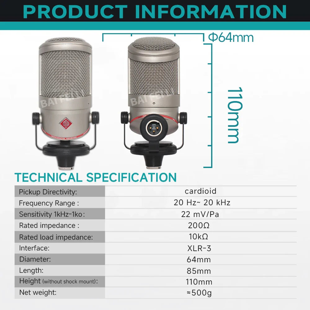 Silver baifeili bcm104 professional studio condenser microphone with mesh grille and premium black shock mount for recording