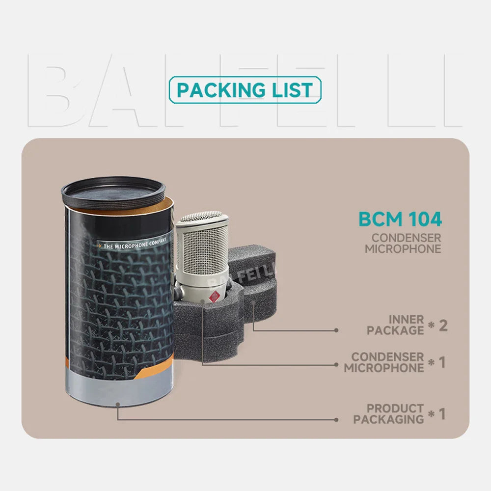 Silver and black baifeili bcm104 professional studio condenser microphone with red diamond logo in foam packaging with premium shock mount