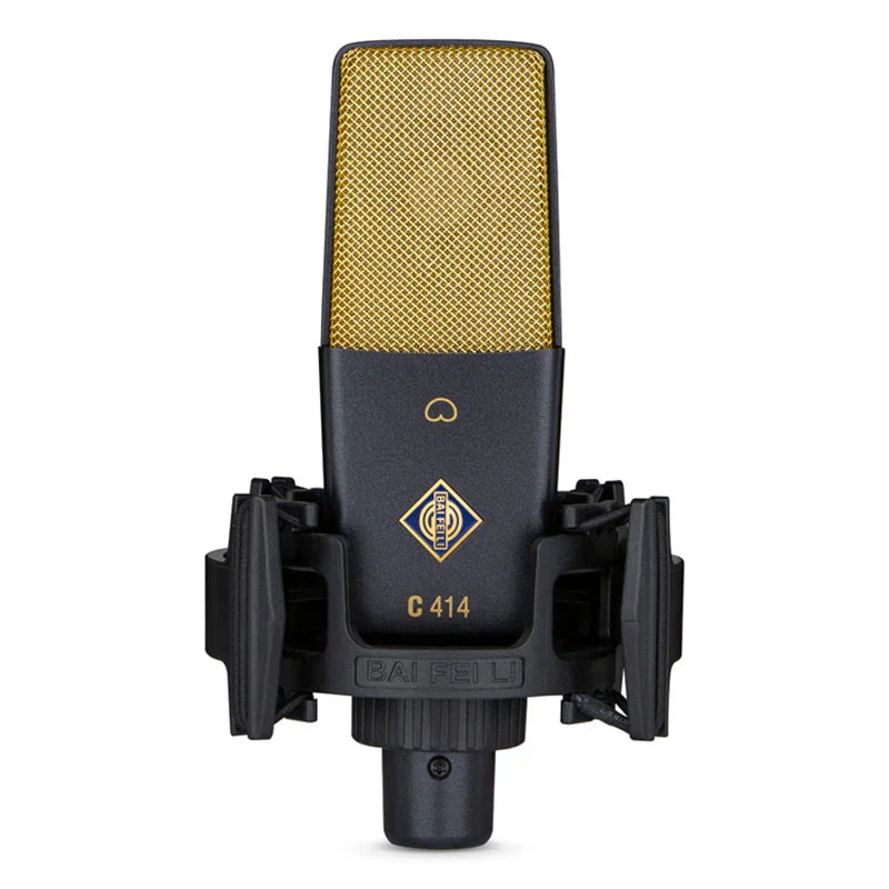 Black and gold baifeili c414 cardioid condenser microphone xlr with mesh grille for streaming recording vocal use