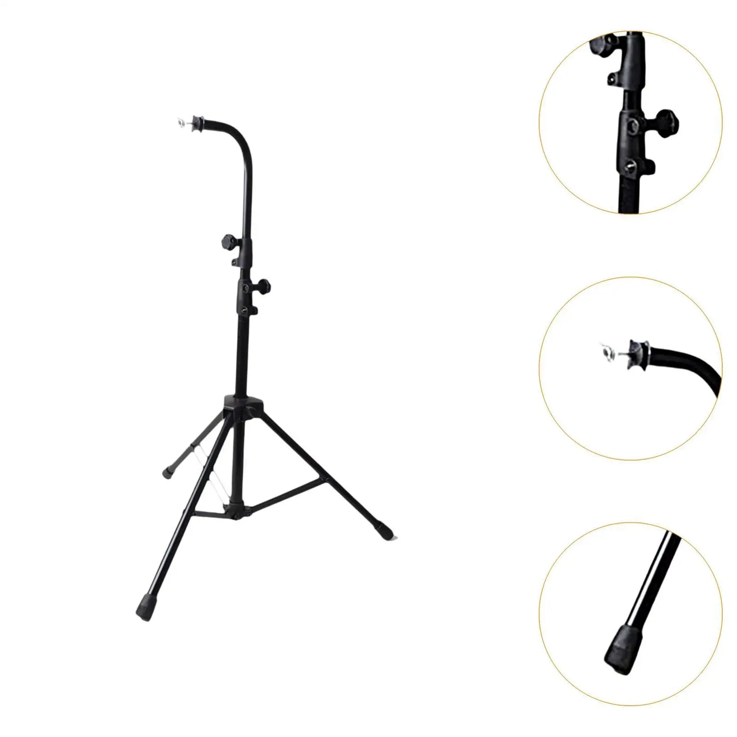 Black metal bar chimes tripod stand with adjustable height and curved arm for stable tripod stand percussion use