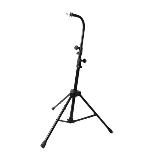 Black metal bar chimes tripod stand percussion with adjustable height and curved hook for stable beginner performance