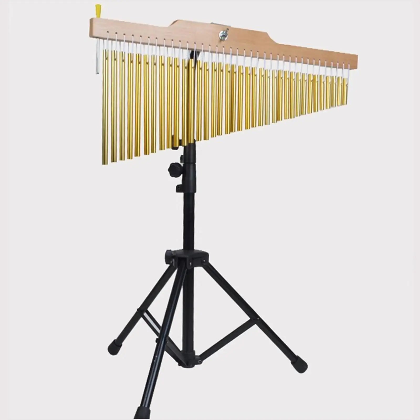 Golden brass bar chimes tripod with stable single row mounted on a black tripod stand for percussion instrument use