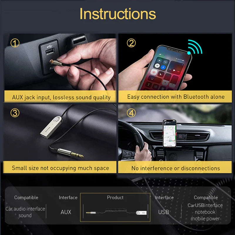 Compact silver baseus aux bluetooth dongle cable handfree adapter with usb-a to 3.5mm jack for car audio transmission