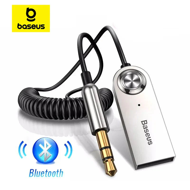 Silver baseus aux bluetooth dongle cable handfree with coiled black cable and gold-plated 3.5mm jack for car audio transmitter kit