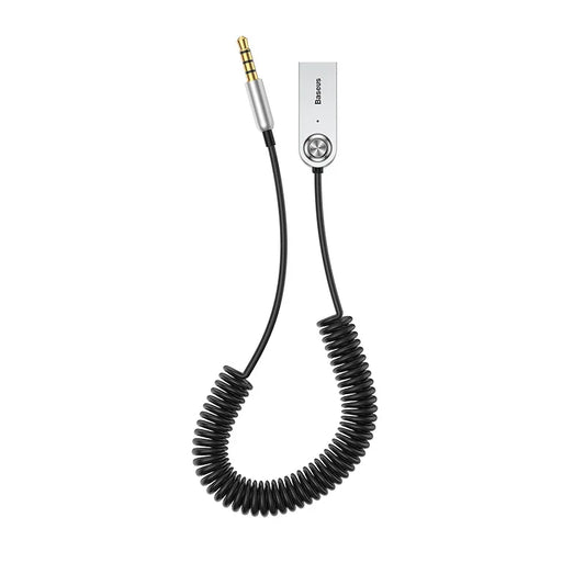 Silver baseus aux bluetooth dongle cable handfree with coiled black wire and gold tipped 3.5mm kit audio transmitter