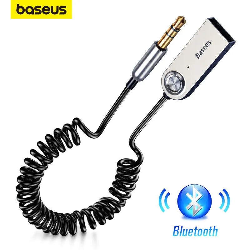 Baseus BA01 aux USB bluetooth adapter with silver metallic body black coiled cable and gold-plated 3.5mm jack receiver speaker audio