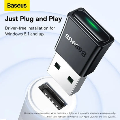 Black Baseus BA07 USB Bluetooth 5.3 dongle adapter with green indicator light for music audio receiver and receiver transmitter Bluetooth