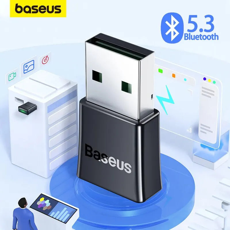 Black Baseus BA07 USB Bluetooth 5.3 dongle adapter with silver metallic top for music audio receiver and receiver transmitter Bluetooth use